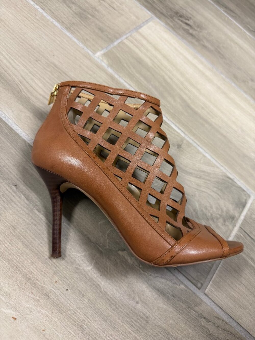 Cognac Leather, Michael by Michael Kors, Stacked Heel Open Toe Booties, Size 7